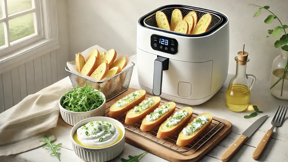 Crostini con crema de queso y rúcula en freidora de aire